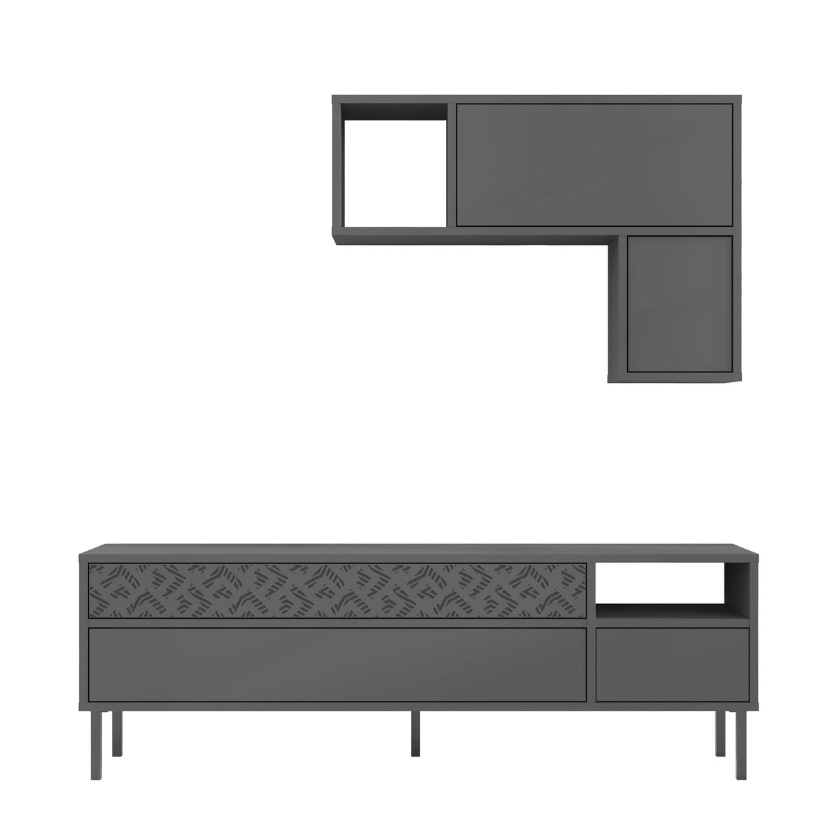 Modern TV unit with storage and wall shelf, anthracite grey finish with side doors and shelves