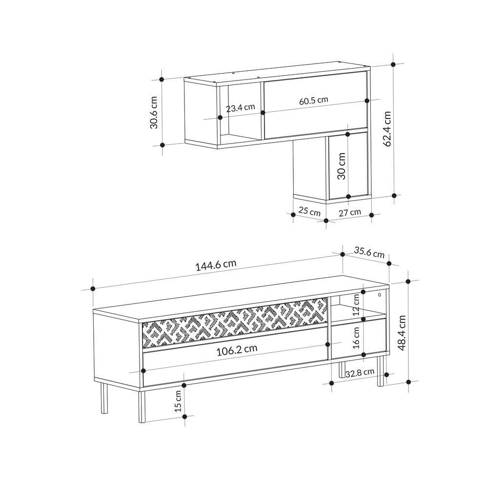 Modern TV unit with wall shelf and storage, product dimension diagram with measurements