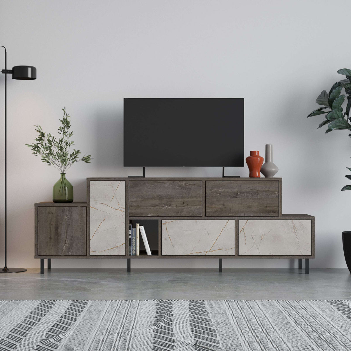 Modern TV stand with wood base, light marble-look drawers, and open media shelf
