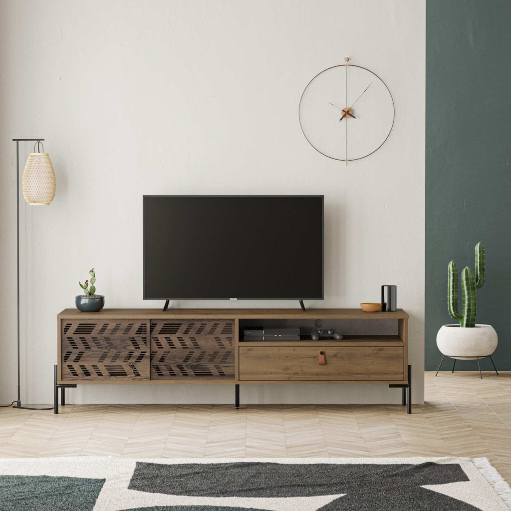 Modern TV stand with two-tone storage cabinets, patterned doors, and open media shelf