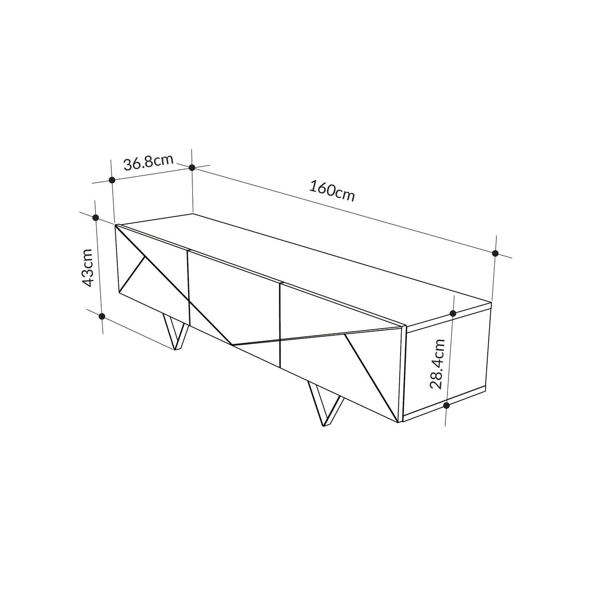TV cabinet size diagram: 160cm wide, 43cm high, 28.4cm deep