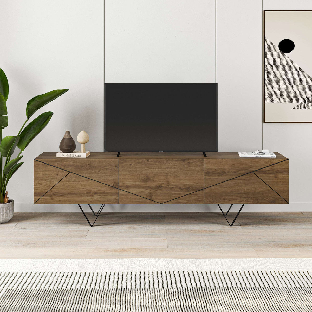 Dark oak TV cabinet with geometric blue lines and two-door console design