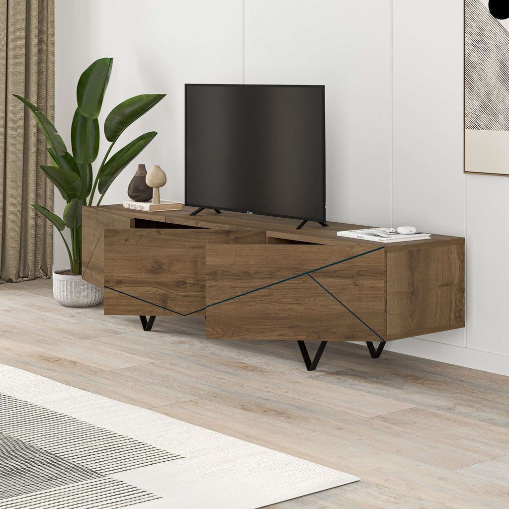 Dark oak TV cabinet with central open compartment, black legs, and geometric accents