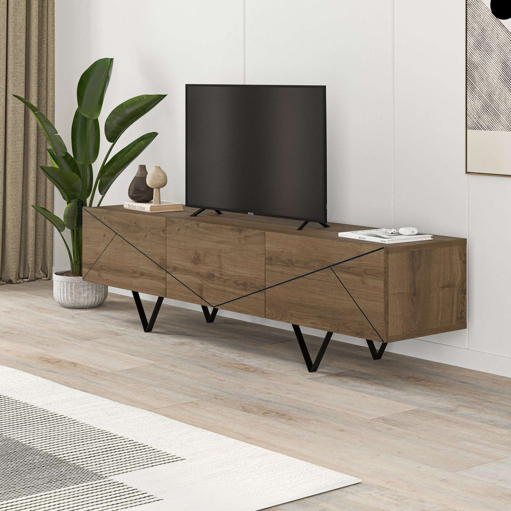 Dark oak TV cabinet with black legs, geometric blue accents, and drawer storage