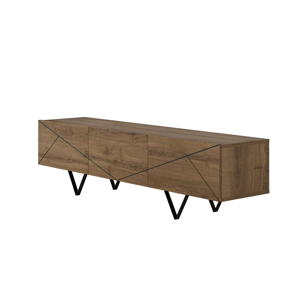 Dark oak TV cabinet with black metal legs and geometric blue line detailing