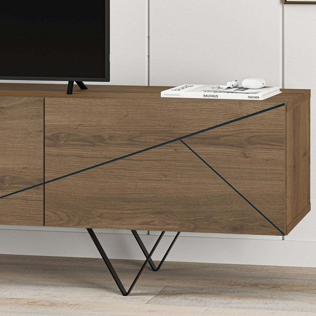 Dark oak TV cabinet front with diagonal geometric blue lines and recessed doors