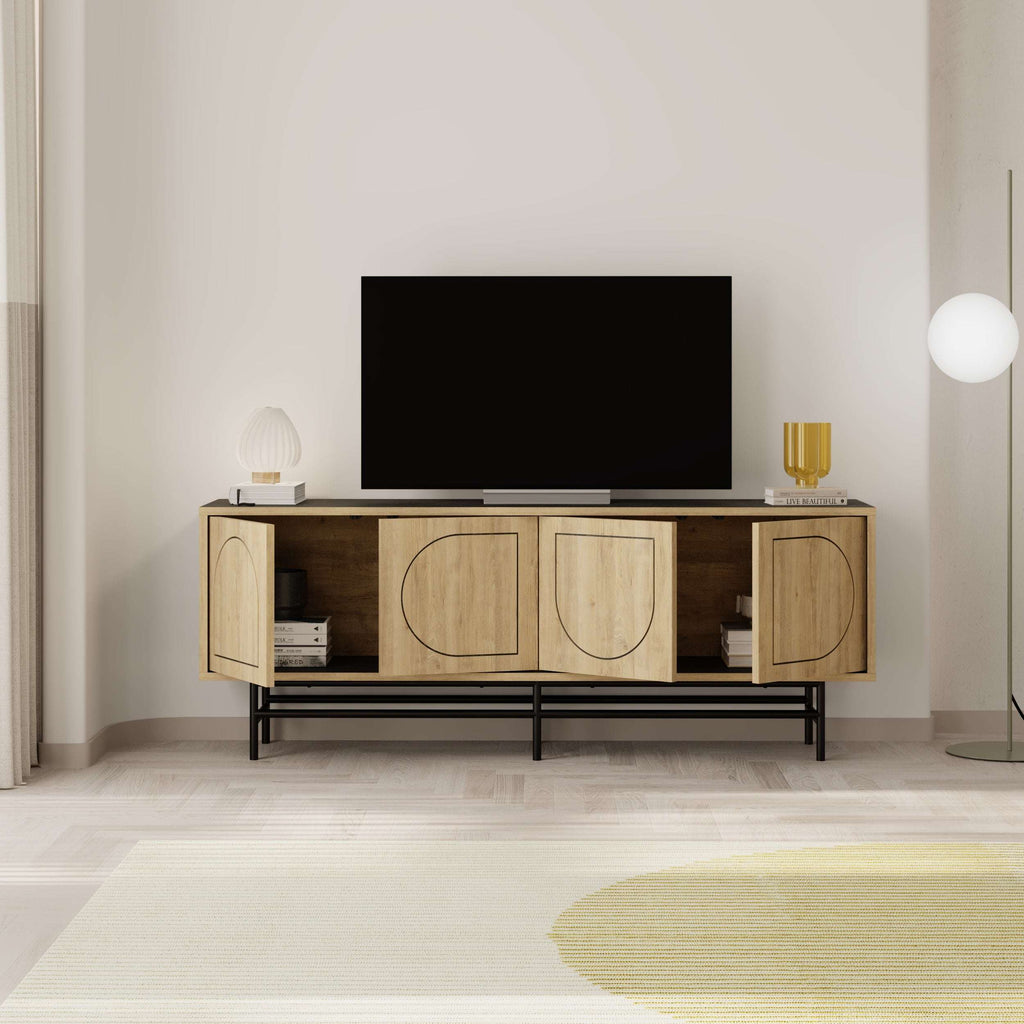 Moss-effect TV stand with arched door panels, four storage compartments, dark top