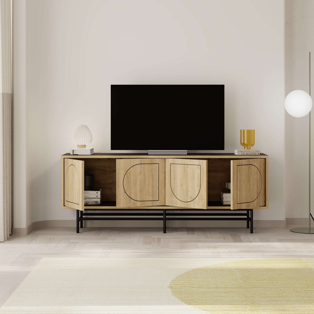 Moss-effect TV stand with arched door panels, four storage compartments, dark top