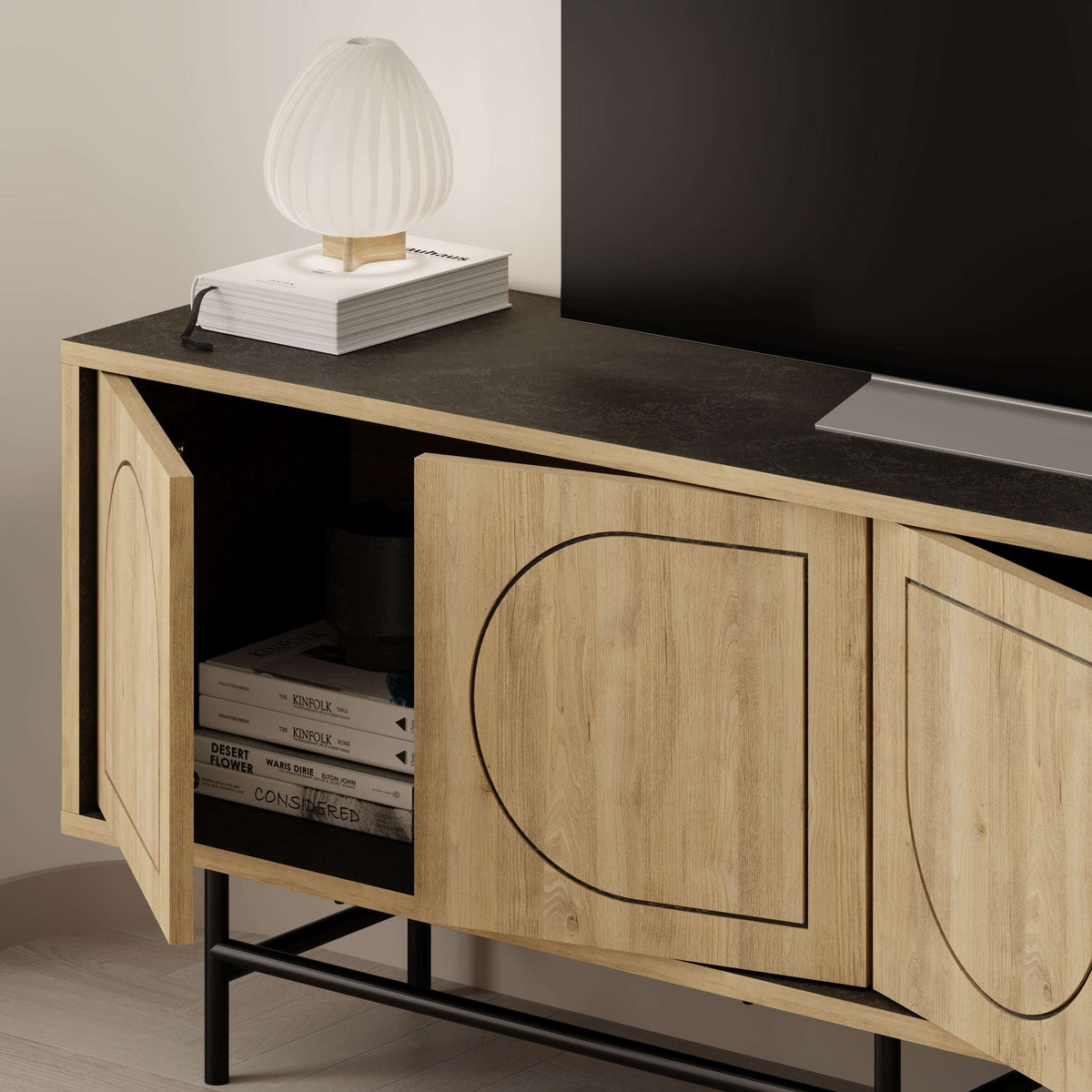 Low TV stand with oak door fronts, arched cutout panels, open shelves, dark top