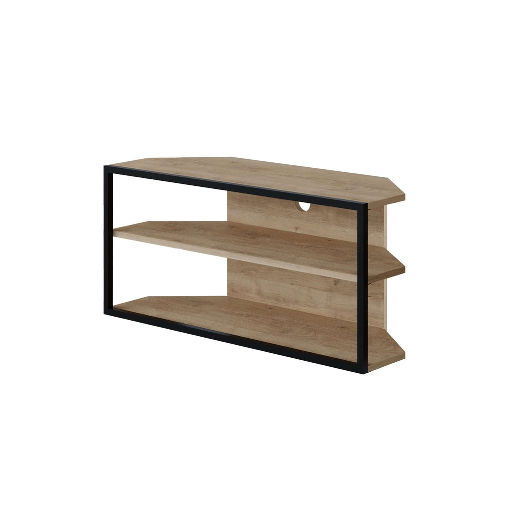 Corner TV stand with black frame, light wood shelves, and open storage center
