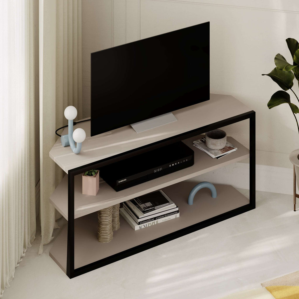 Compact corner TV stand with black frame, light wood top, and open shelving compartments