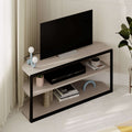 Compact corner TV stand with black frame, light wood top, and open shelving compartments