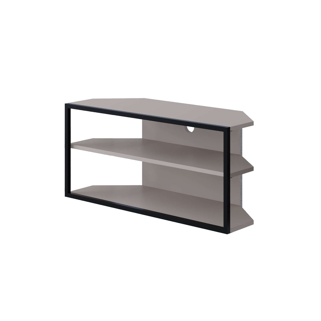 Corner TV stand with black frame, light gray shelves, and open storage center