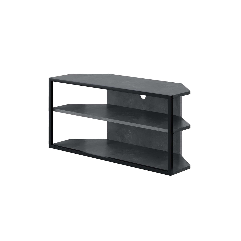 Corner TV stand with black frame, dark gray shelves, and open storage center