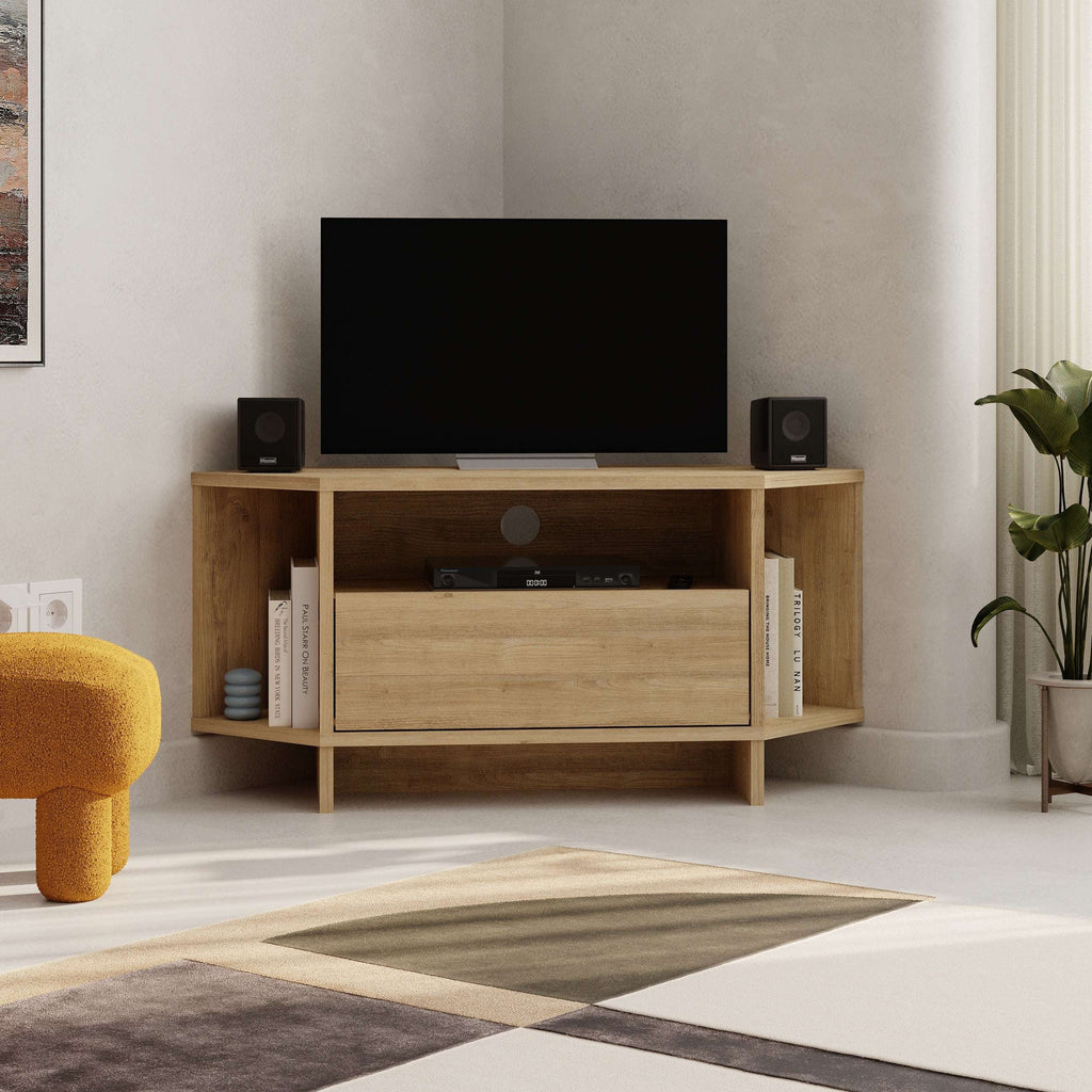 Oak corner TV unit with open compartments and front cabinet drawer for media