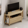 Light wood corner TV console with open shelves and cabinet drawer, for media players