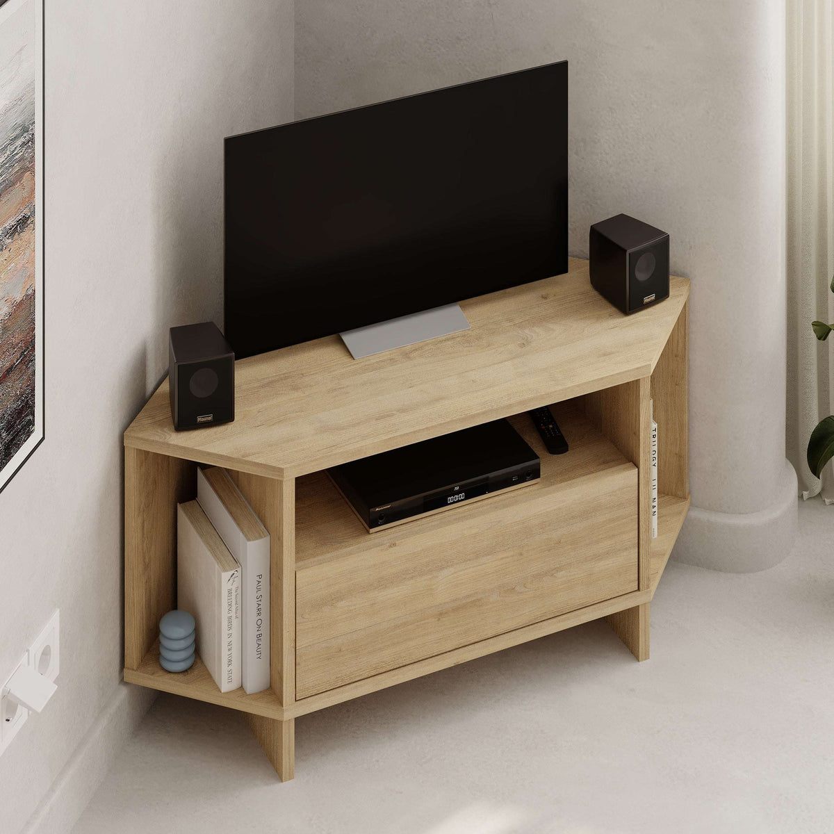 Light wood corner TV console with open shelves and cabinet drawer, for media players