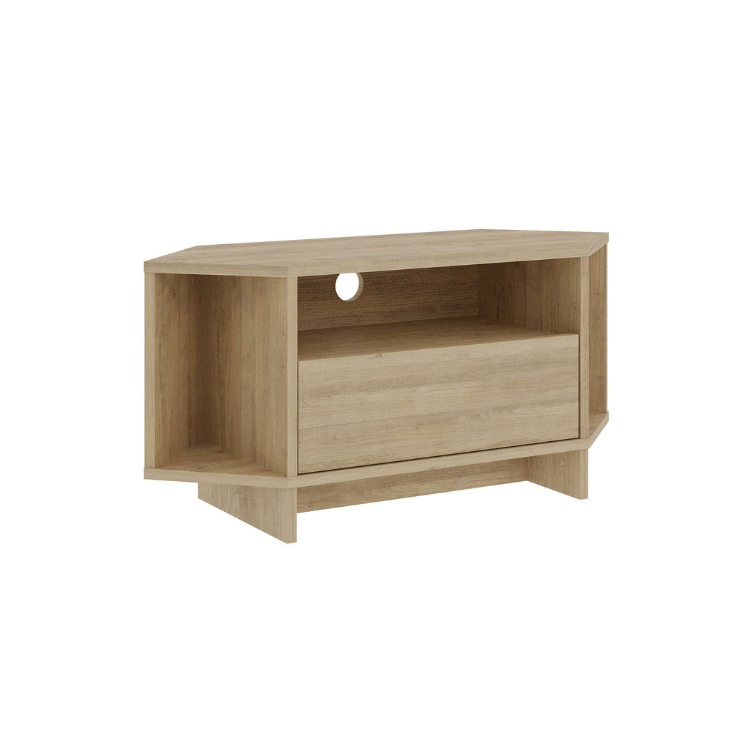 Light oak TV cabinet with single drawer and open storage cubby