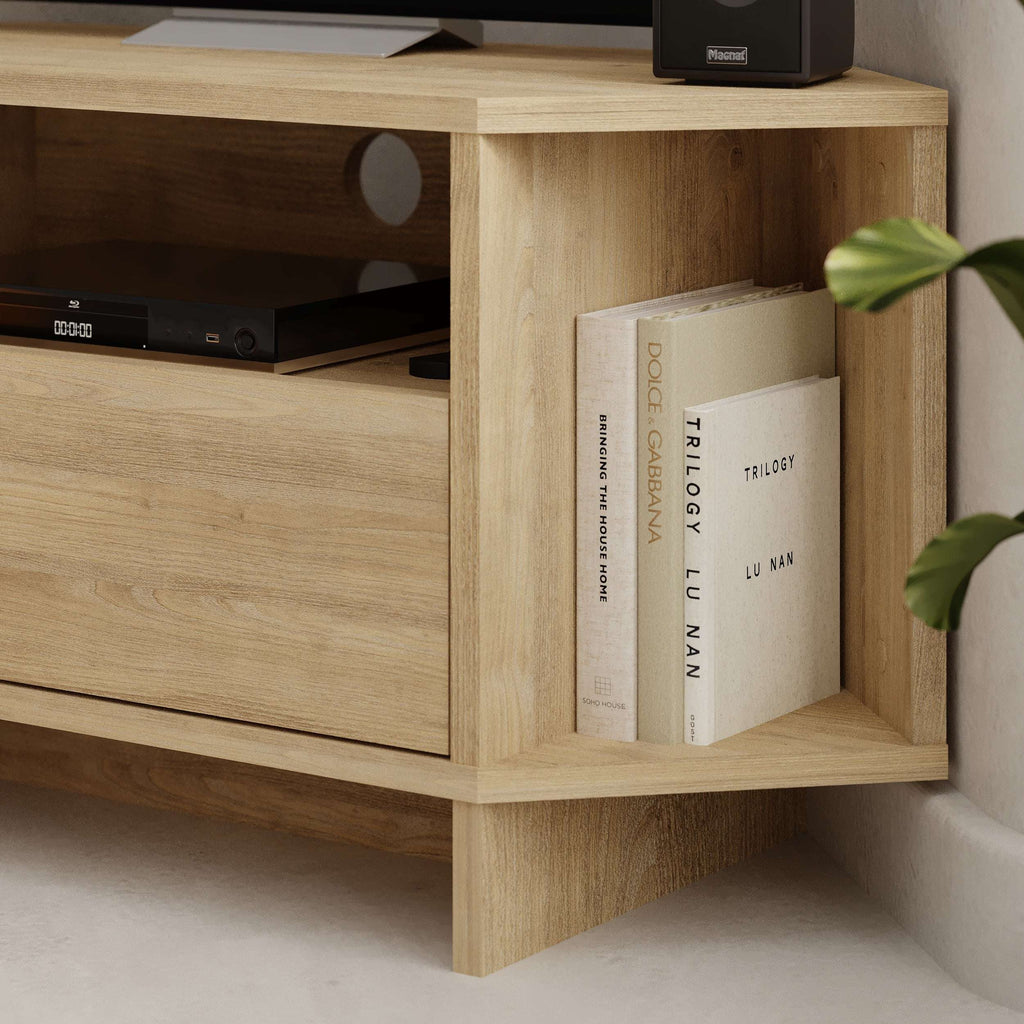 Oak corner TV unit corner shelf with books stored in open compartment