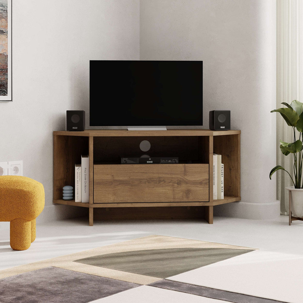 Oak corner TV unit with open shelves and front cabinet drawer for media devices