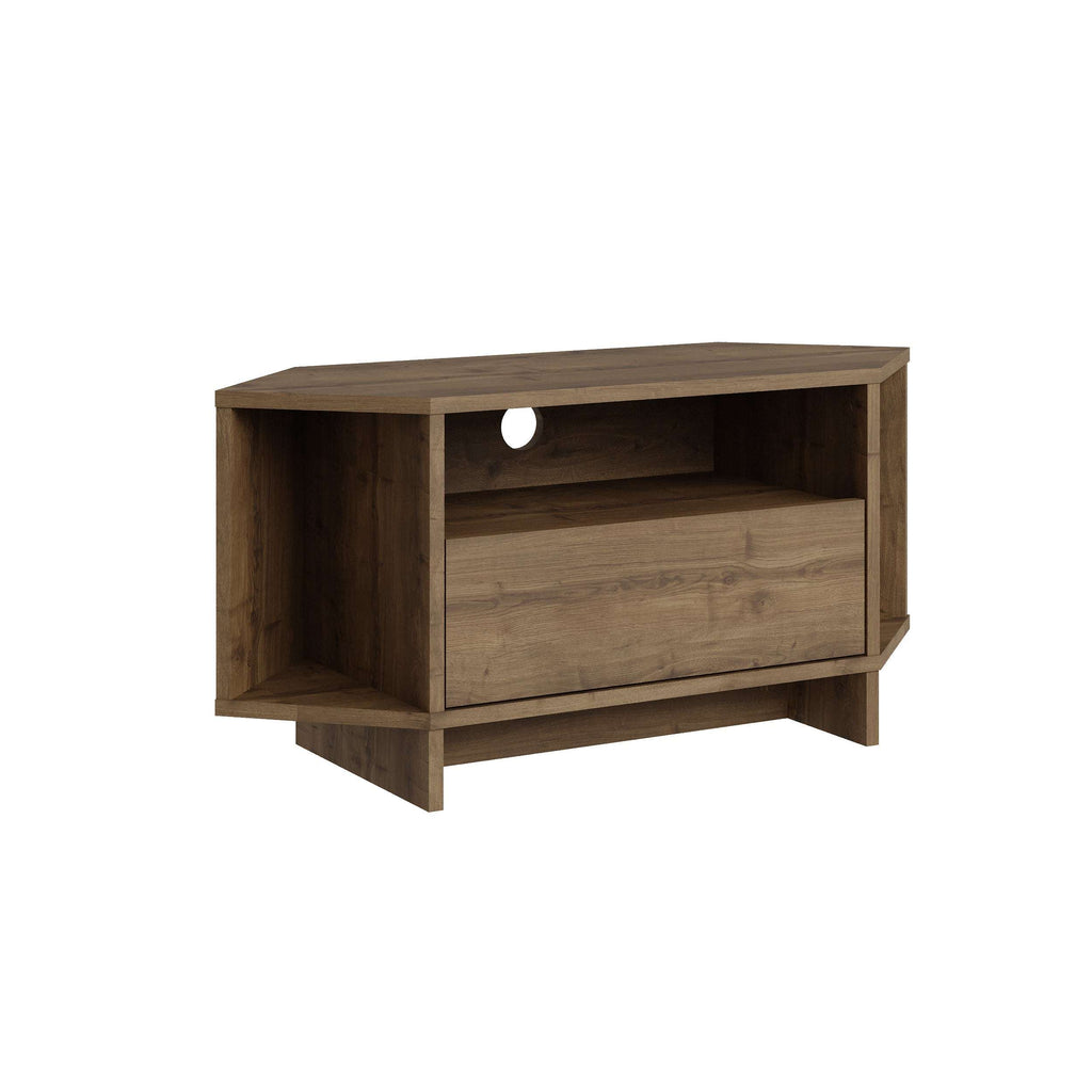 Dark wood corner TV unit with open shelf and front drawer cabinet