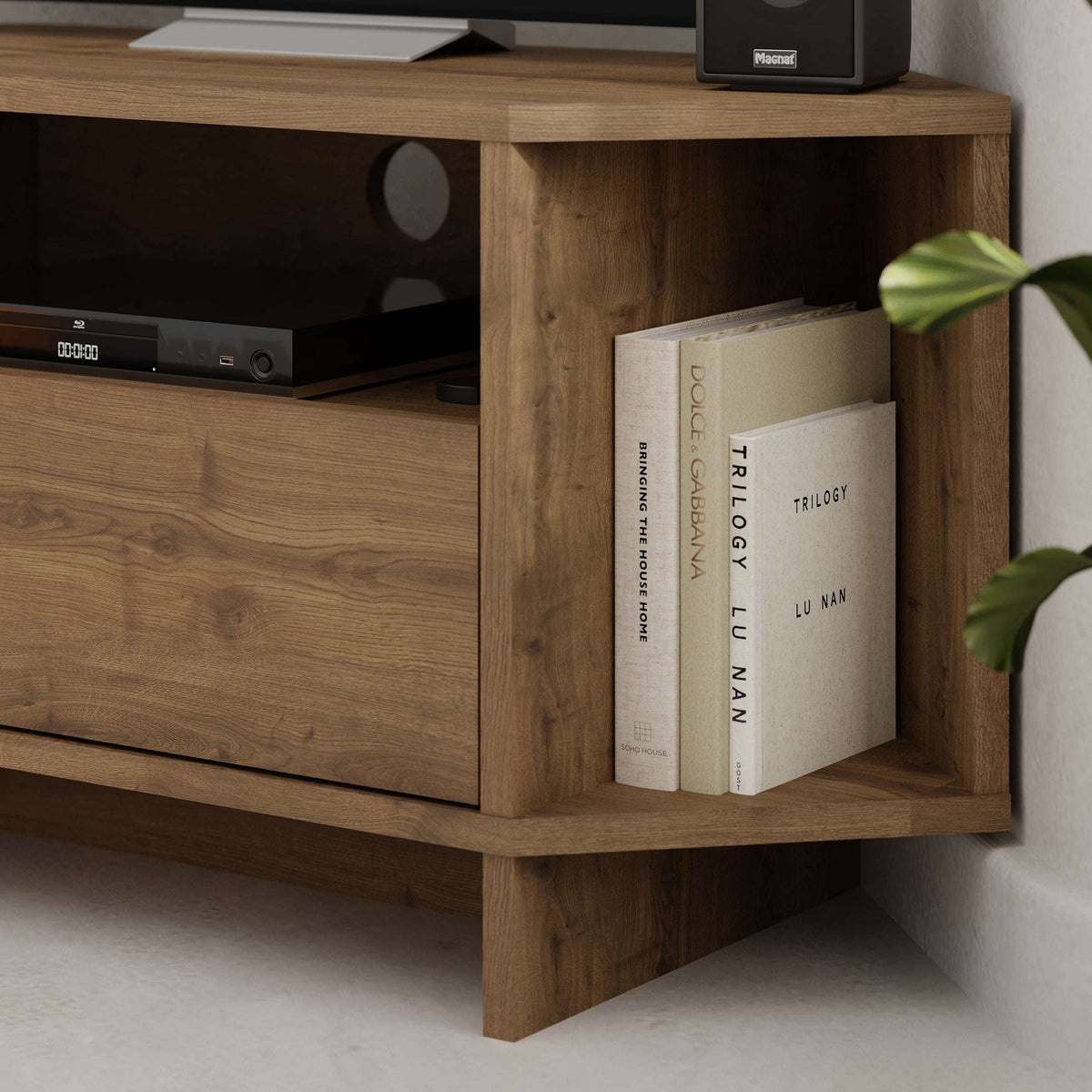 Oak corner TV stand corner shelf with book storage and open side compartment