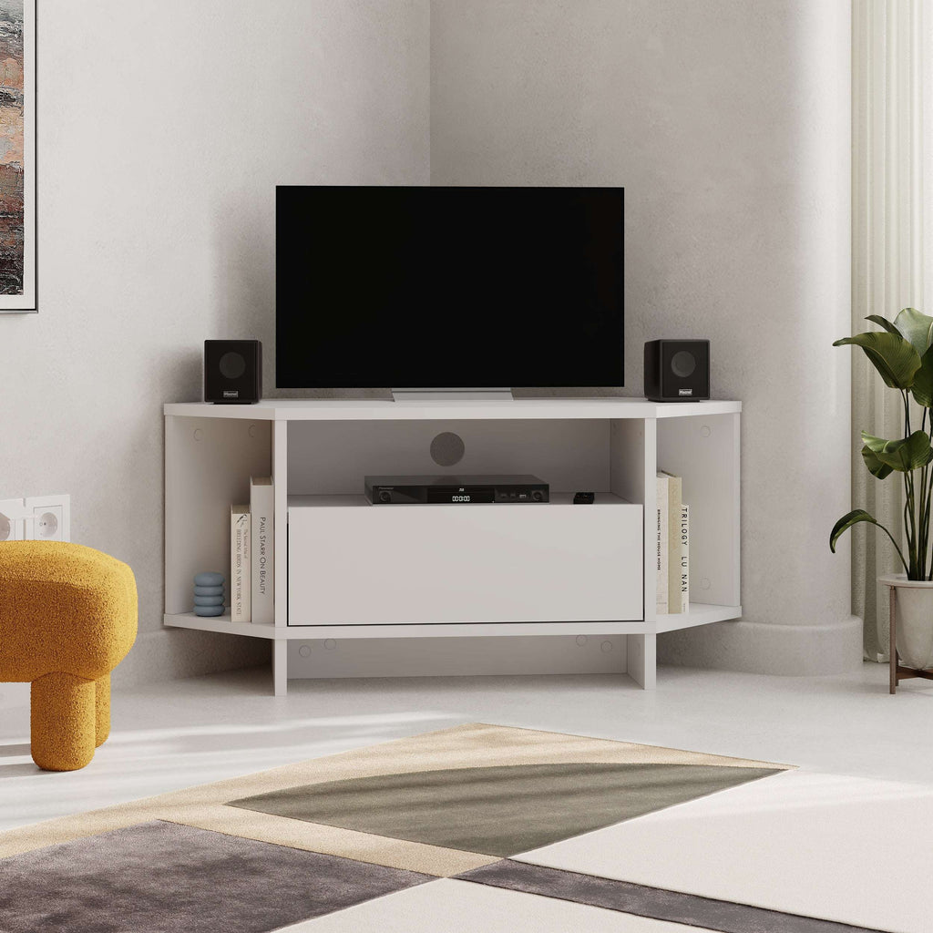 White corner TV unit with open shelves and sliding front drawer cabinet