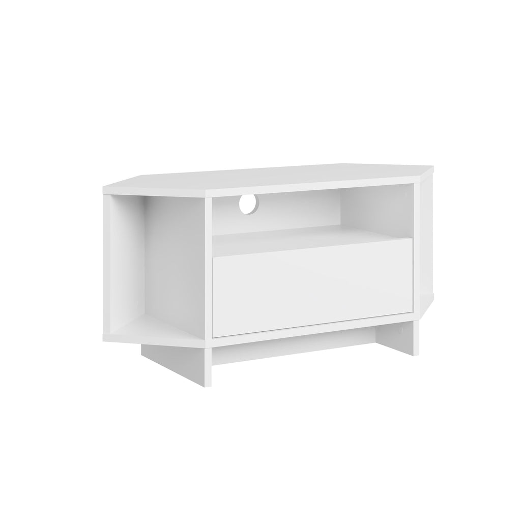 White corner TV console with open shelves and front drawer cabinet
