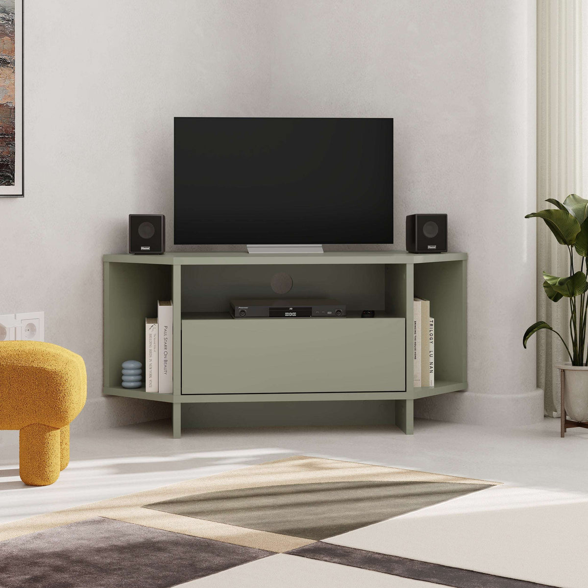 Sage green corner TV unit with open shelves and front drawer cabinet