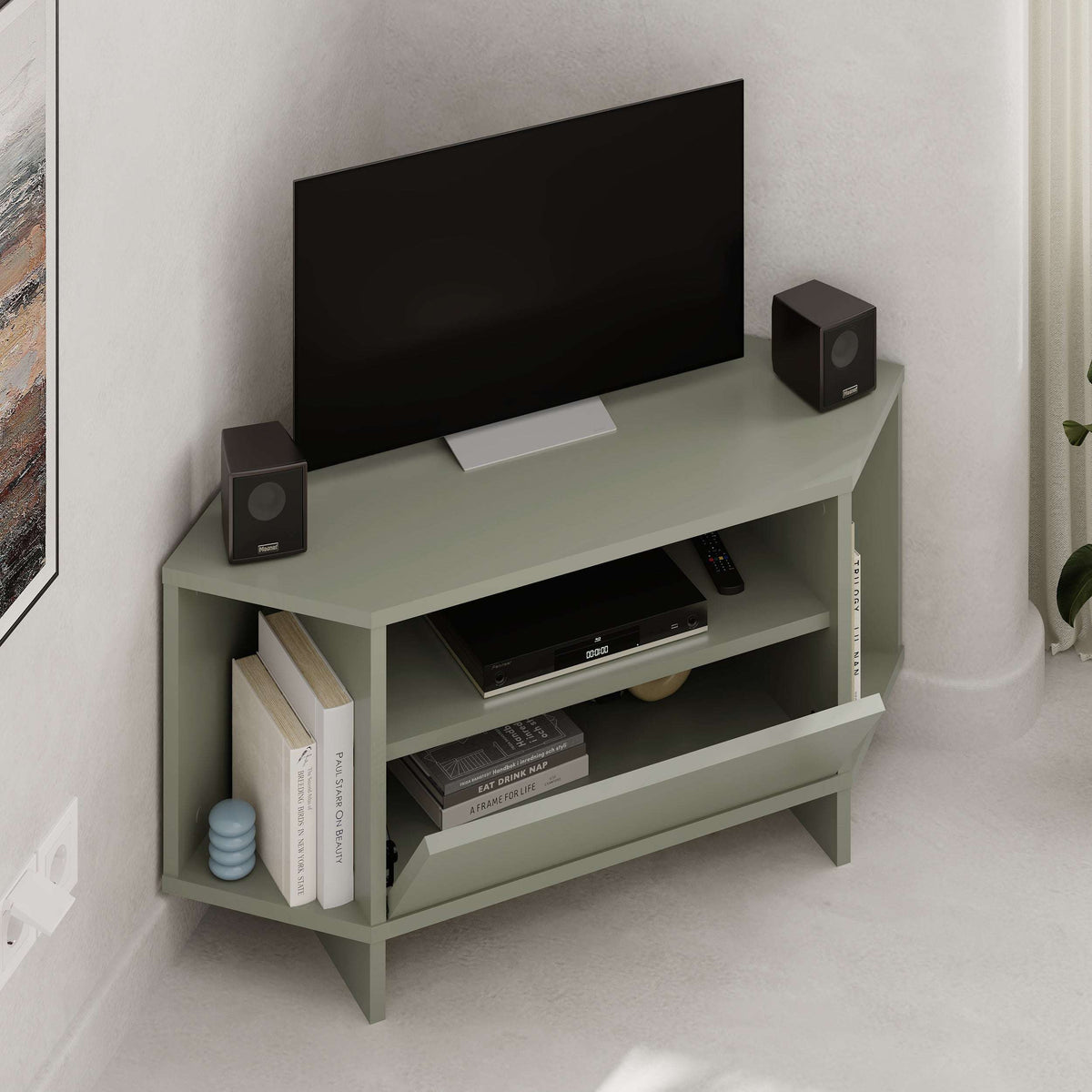 Light green corner TV stand with open middle shelves and drawer cabinet