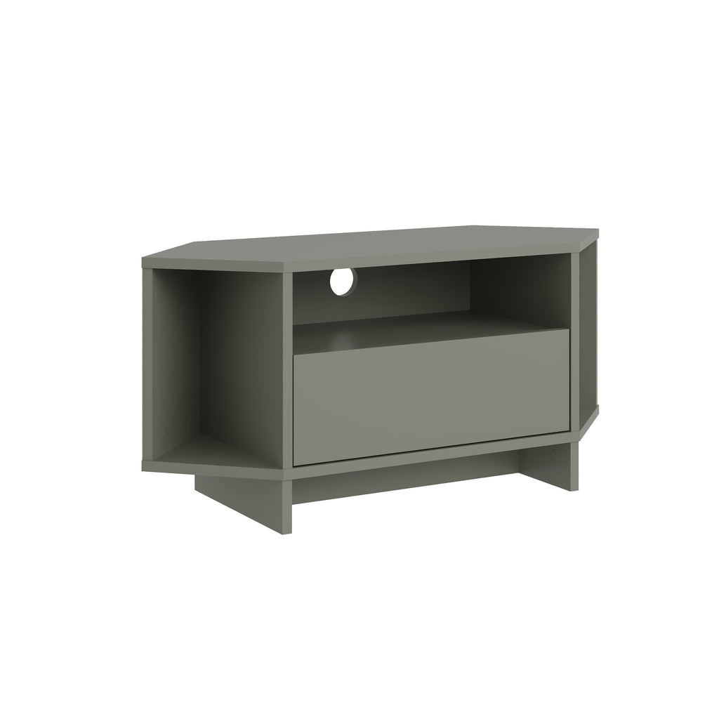 Grey-green corner TV unit with open shelf space and front drawer
