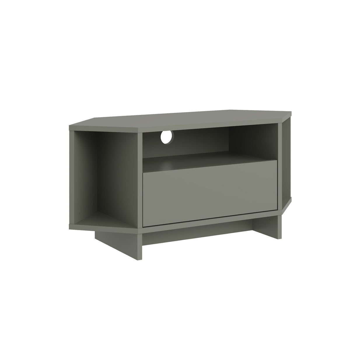 Grey-green corner TV unit with open shelf space and front drawer