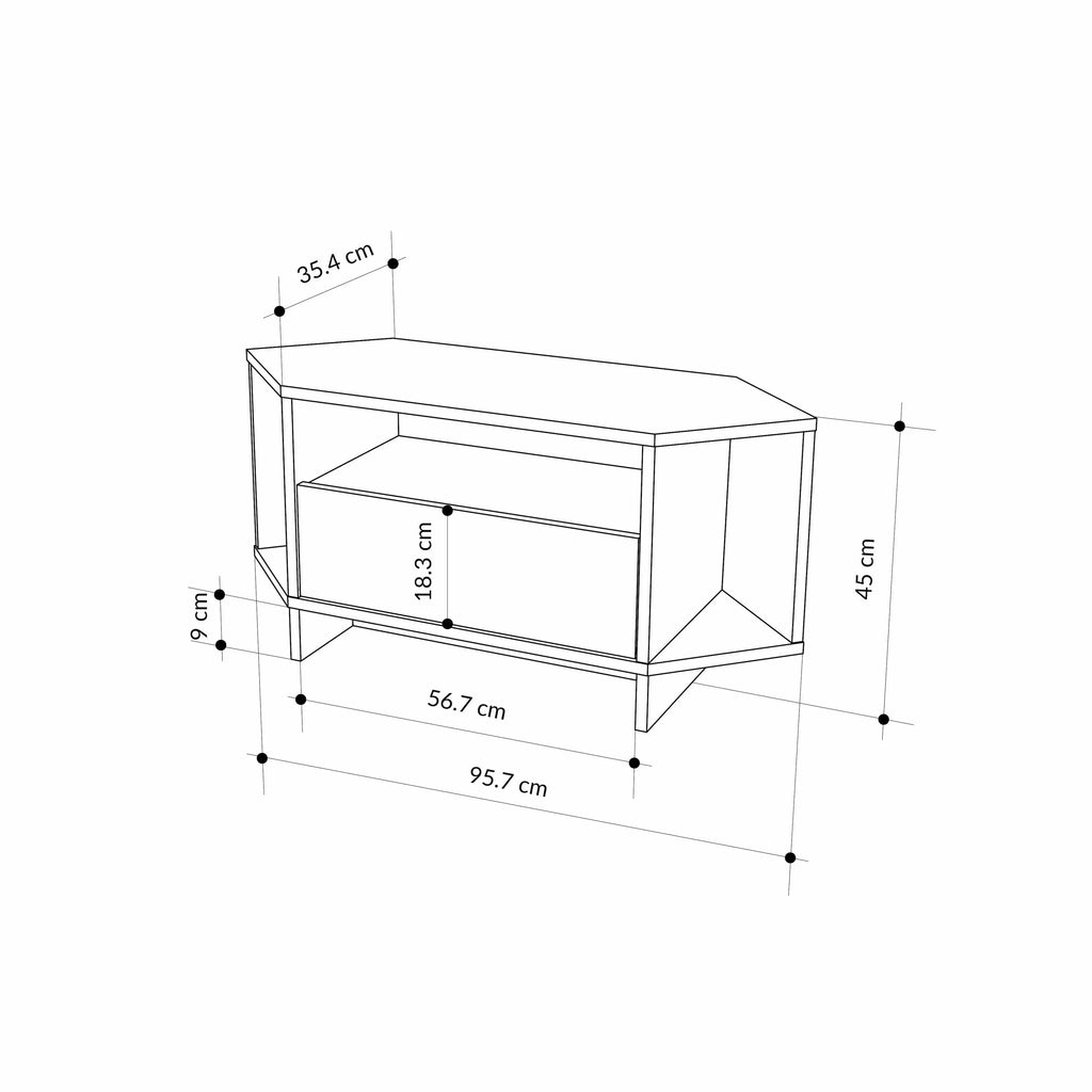 Compact corner TV unit sketch with shelves and cabinet, light wood finish