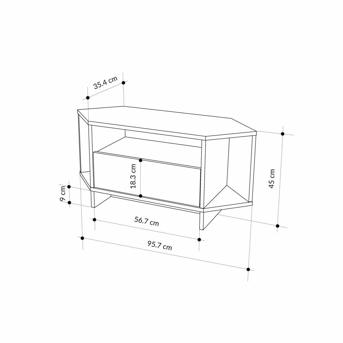 Compact corner TV unit sketch with shelves and cabinet, light wood finish
