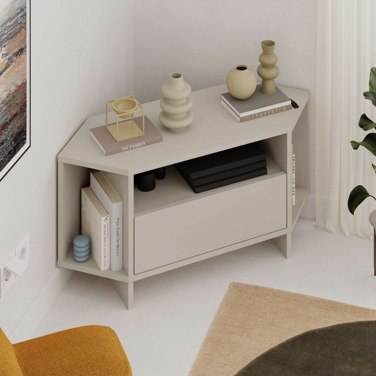 White corner TV unit with open side compartments and front sliding drawer