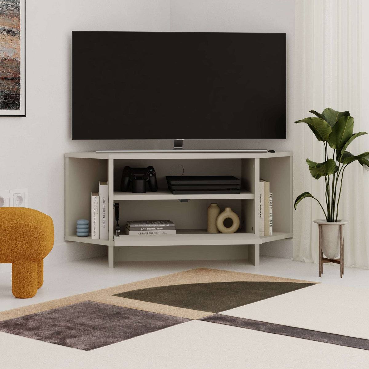 White corner TV stand with open shelves and media cabinet under TV