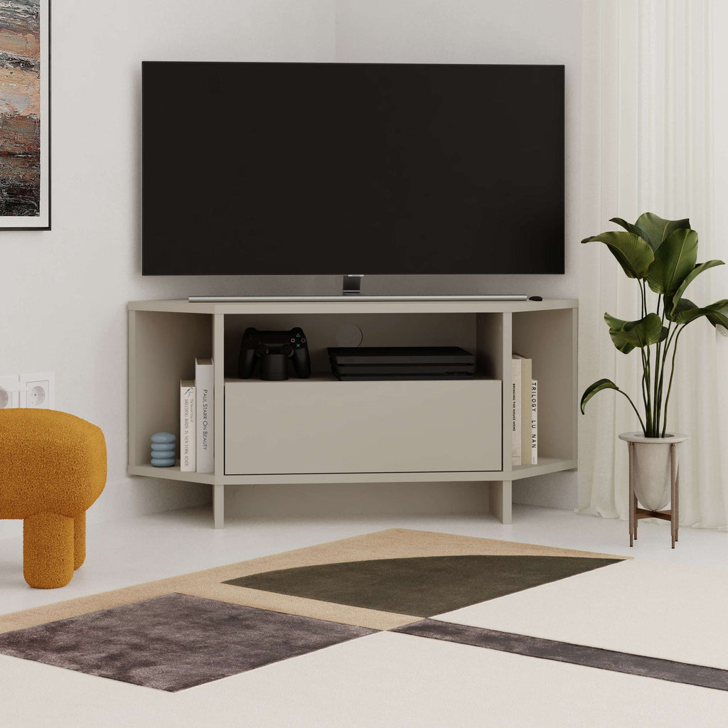White corner TV unit with central cabinet door and open storage shelves