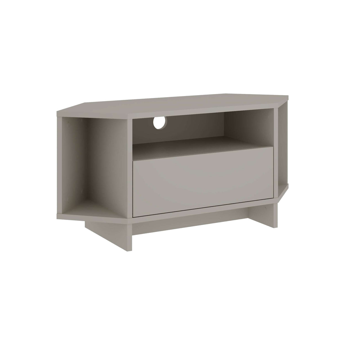 Corner TV unit with open shelves and a cabinet door, light grey finish.