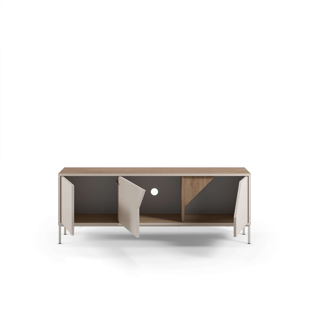 TV stand with open storage compartments behind three door sections, oak frame.