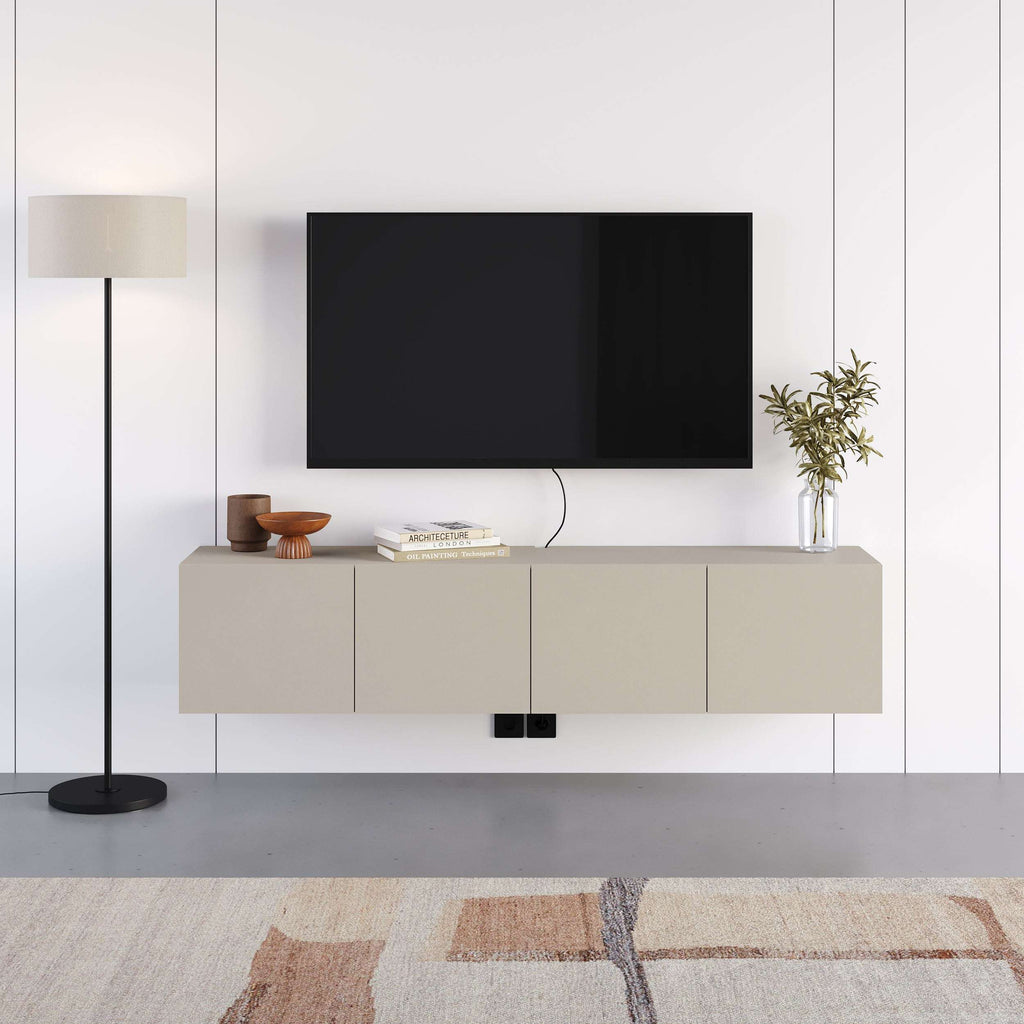 Sandstone wall-mounted TV unit with 4 soft-close doors, sleek horizontal cabinet design