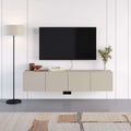 Sandstone wall-mounted TV unit with 4 soft-close doors, sleek horizontal cabinet design