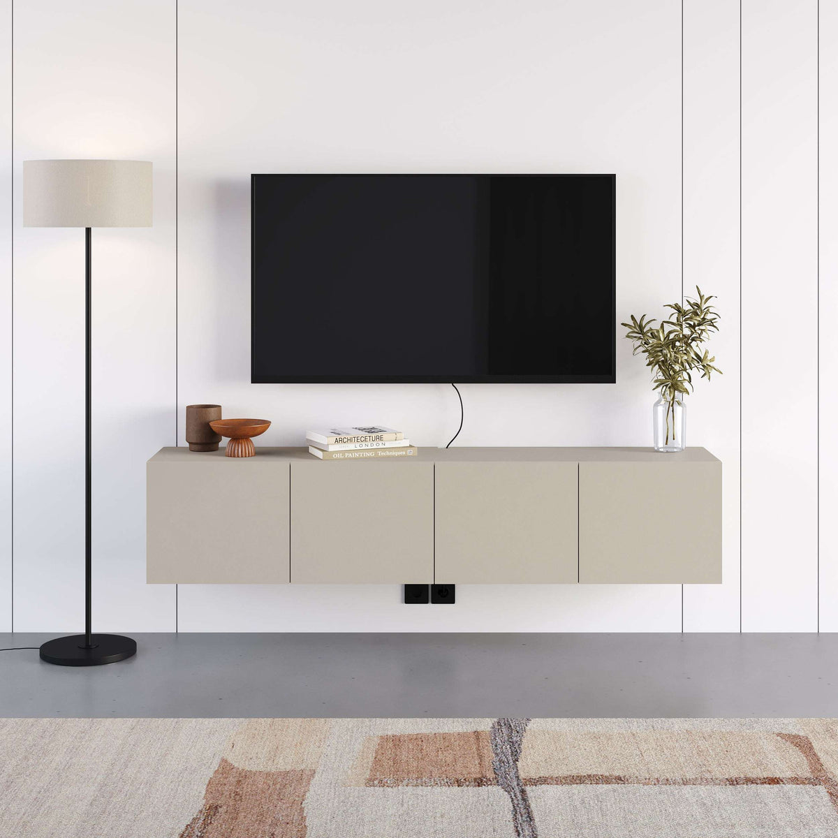 Sandstone wall-mounted TV unit with 4 soft-close doors, sleek horizontal cabinet design