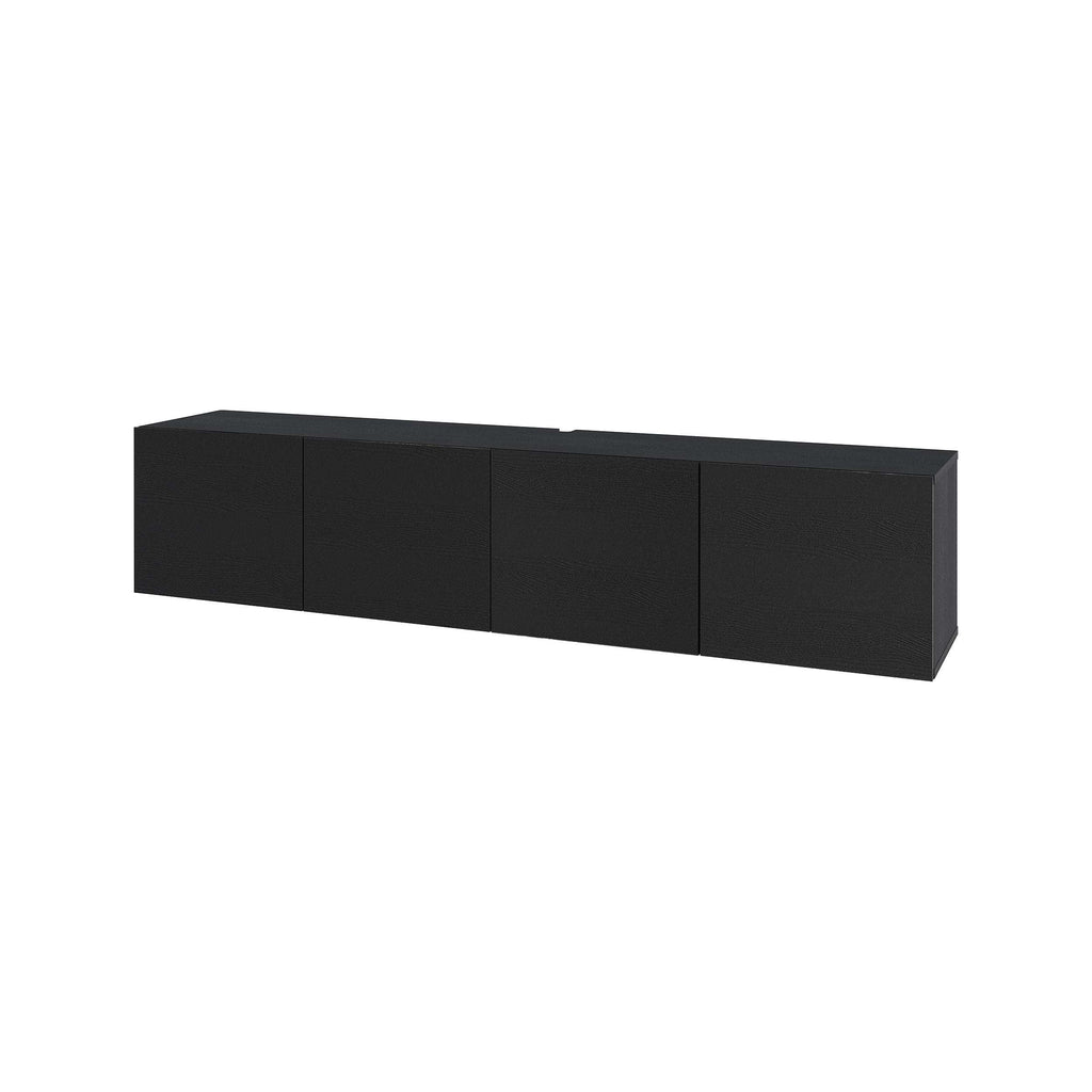 Black wall-mounted TV unit with four panel doors and centered handle