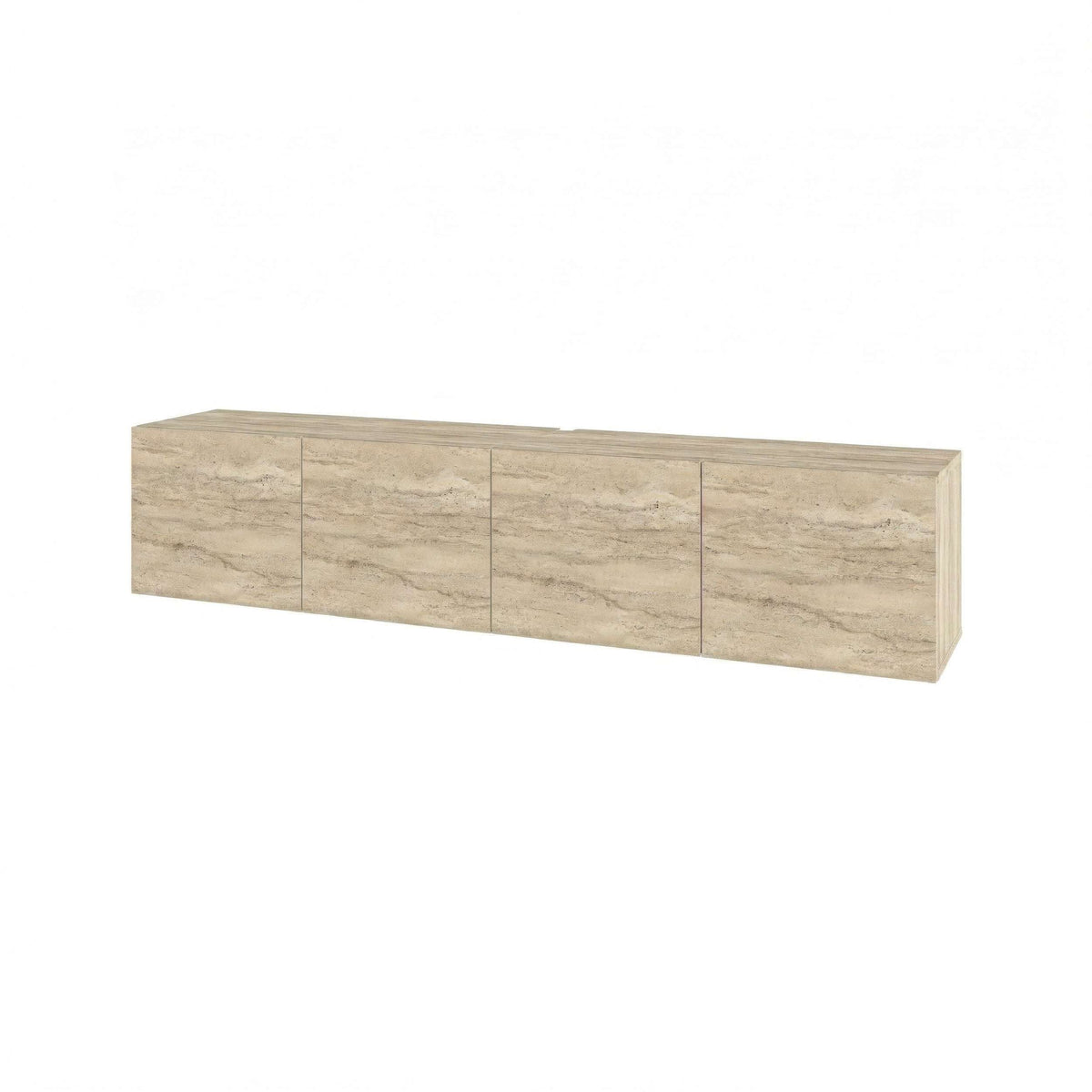 Travertine wall-mounted TV unit with four panel doors and centered handle