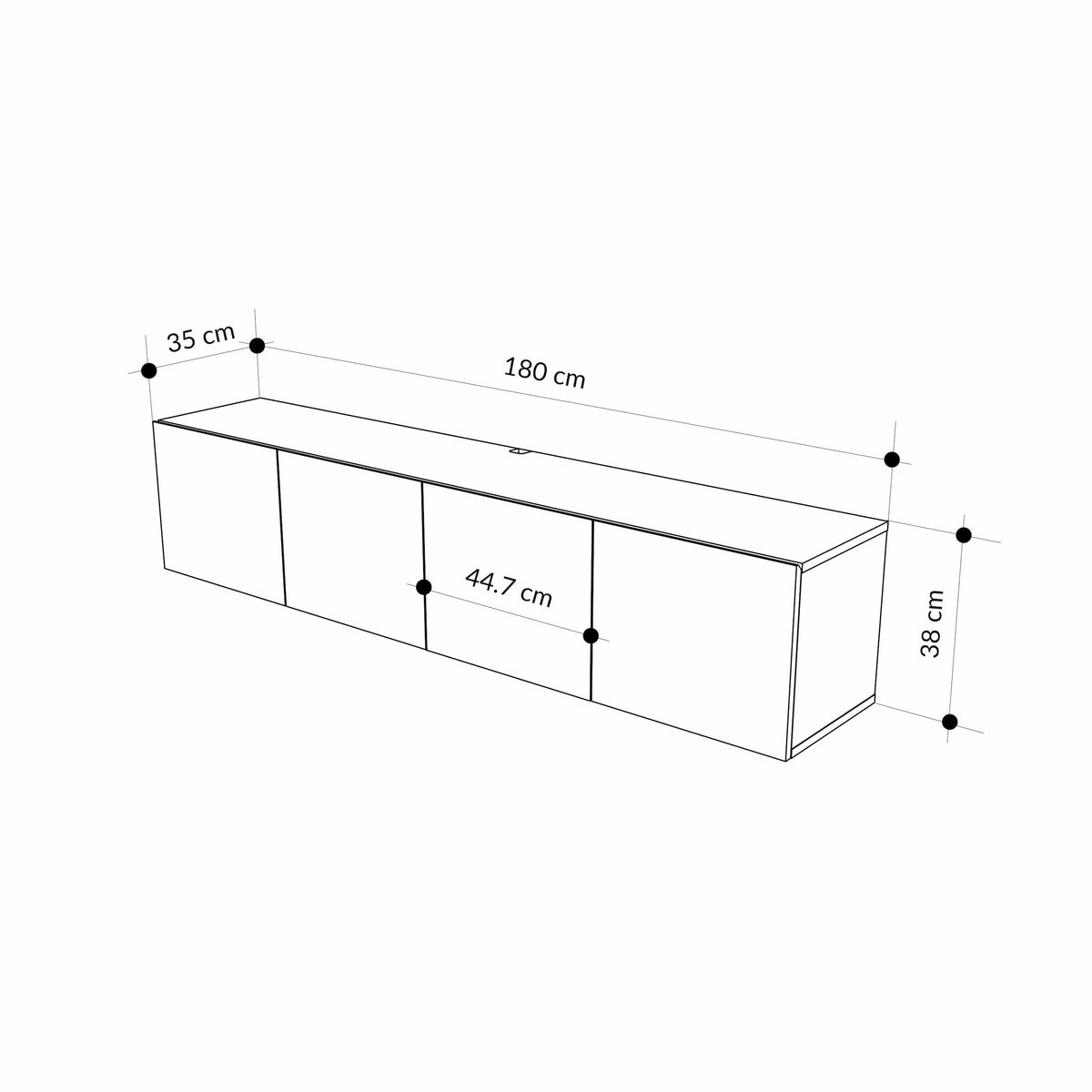 Wall-mounted TV unit dimensions sketch: 180cm wide, 38cm high