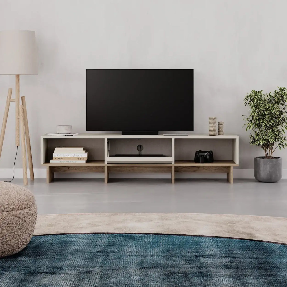Sandstone TV cabinet with natural oak feet, dual open shelves and central storage