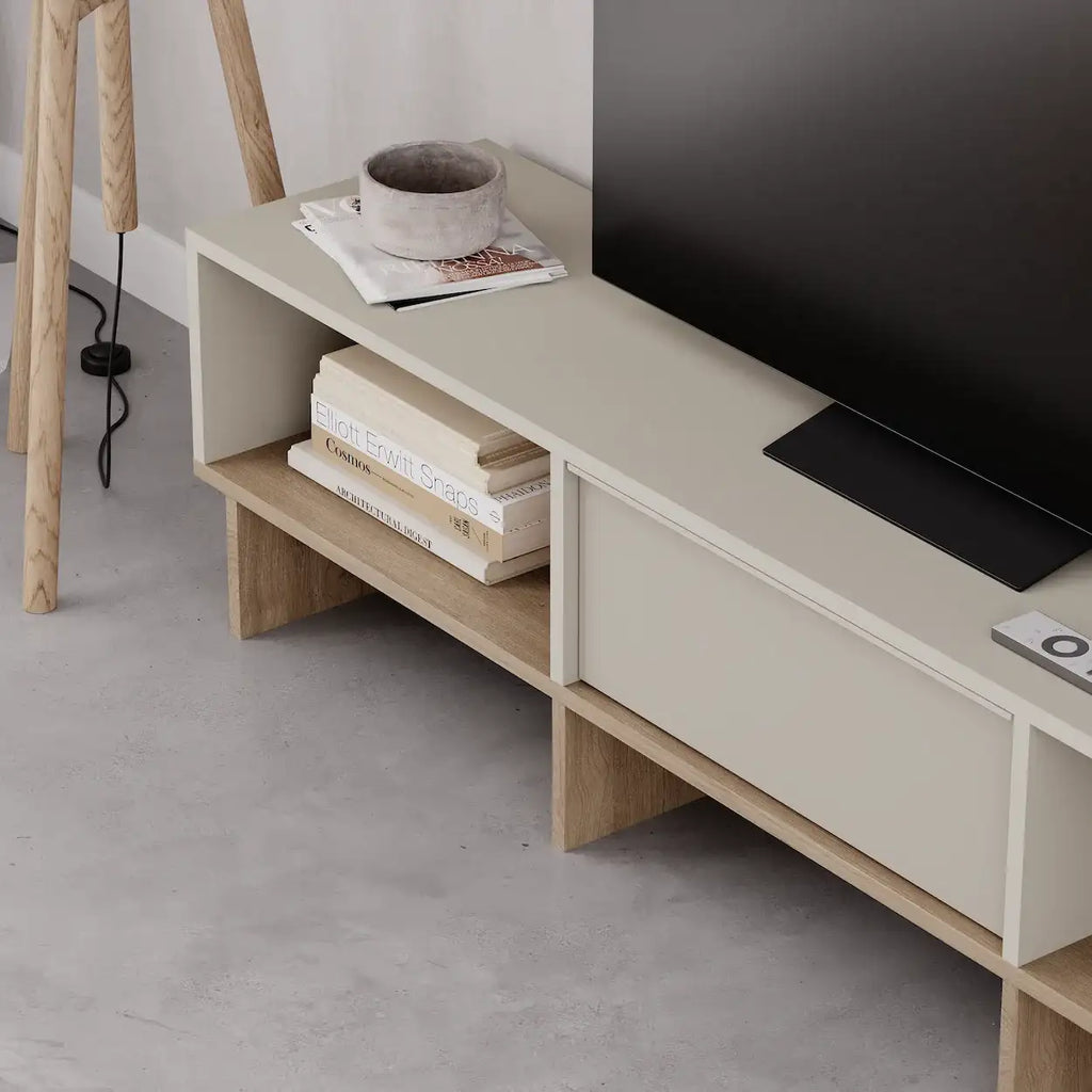 Sandstone TV unit with natural oak base, open compartment and long drawer
