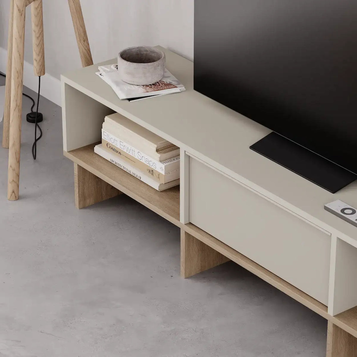 Sandstone TV unit with natural oak base, open compartment and long drawer
