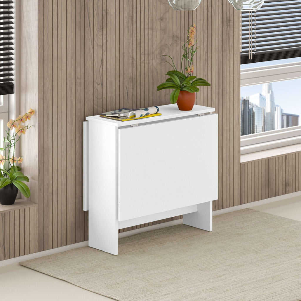 Foldable white dining table with side panel and open support frame