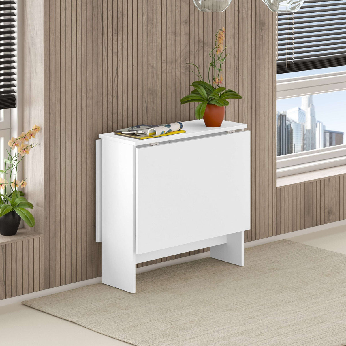 Foldable white dining table with side panel and open support frame
